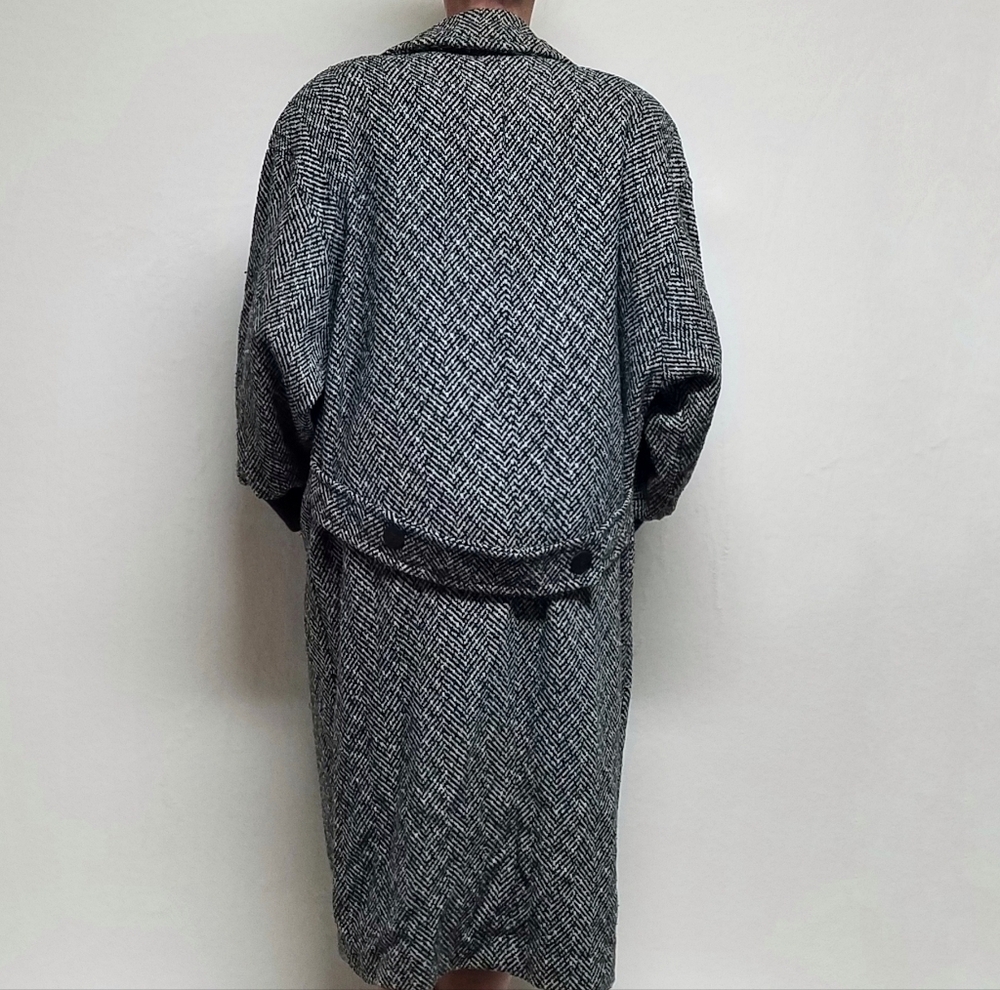 80s Vintage Black Gray Herringbone Wool Balloon Sleeve Longline Trench Coat XL - Picture 3 of 13